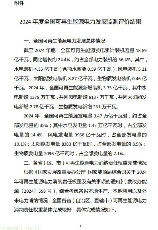 国家能源局印发 2024 年度可再生能源电力发展监测评价结果(图1)